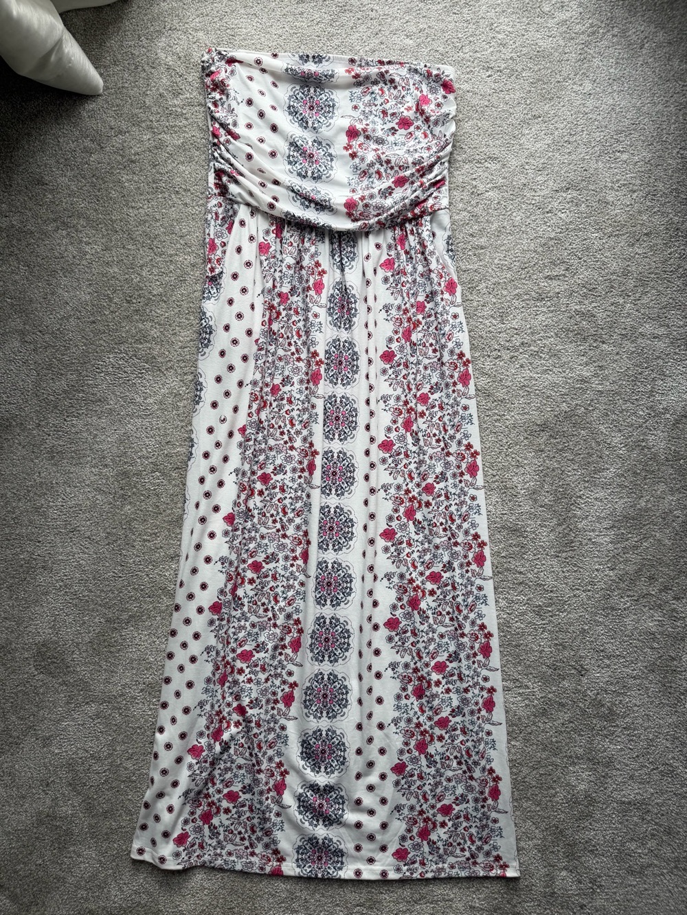 Grace Karin White Strapless Maxi Dress with Pink and Gray with Pockets